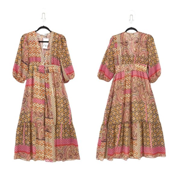 Zara Dresses & Skirts - ZARA Women M Dress Brown Pink Multicolor Paisley Midi Ruffle Tiered 7902/182/330